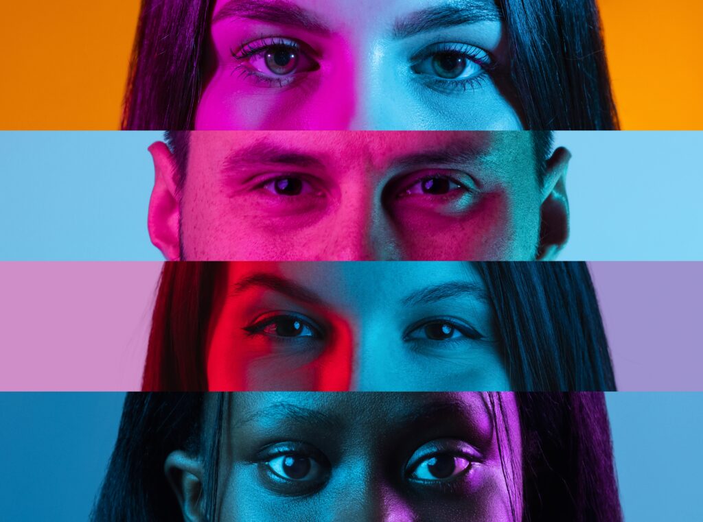 Collage,Of,Narrow,Horizontal,Stripes,Of,Male,And,Female,Eyes