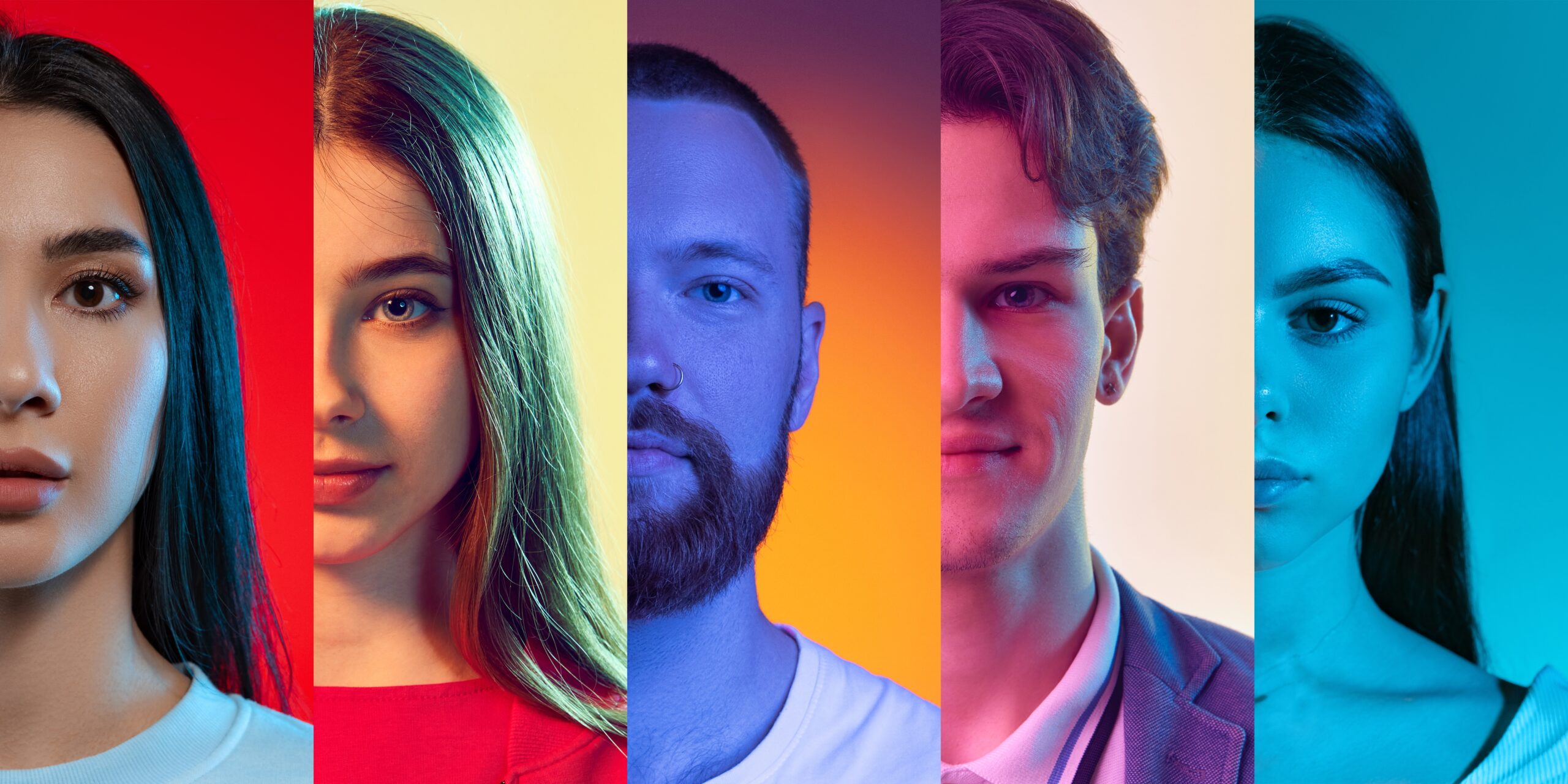 Cropped,Male,And,Female,Serious,Young,Faces,,Placed,On,Narrow